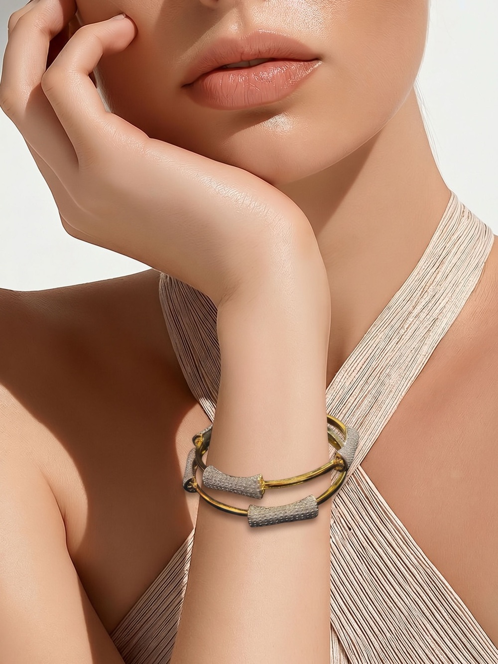 Gold and zircons stones Textured Double-Band Bangle Bracelet